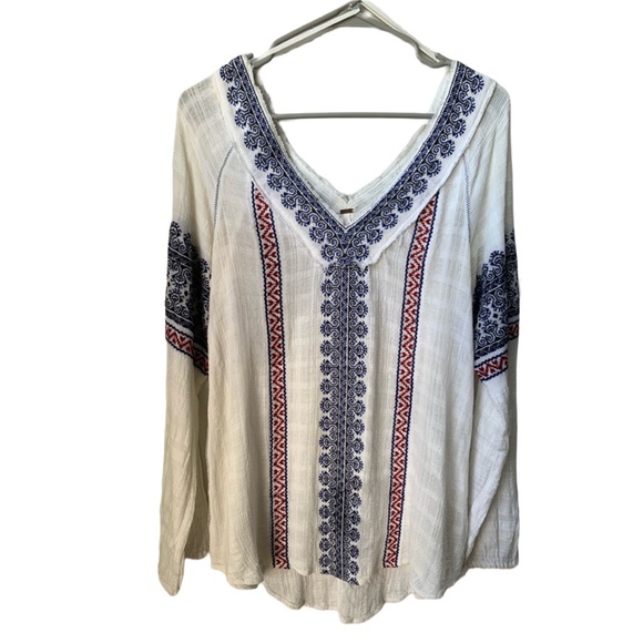 Free People Tops - FREE PEOPLE Women’s Deep V-Neck Cream w/ Blue and Red Embroidered Gauze Blouse